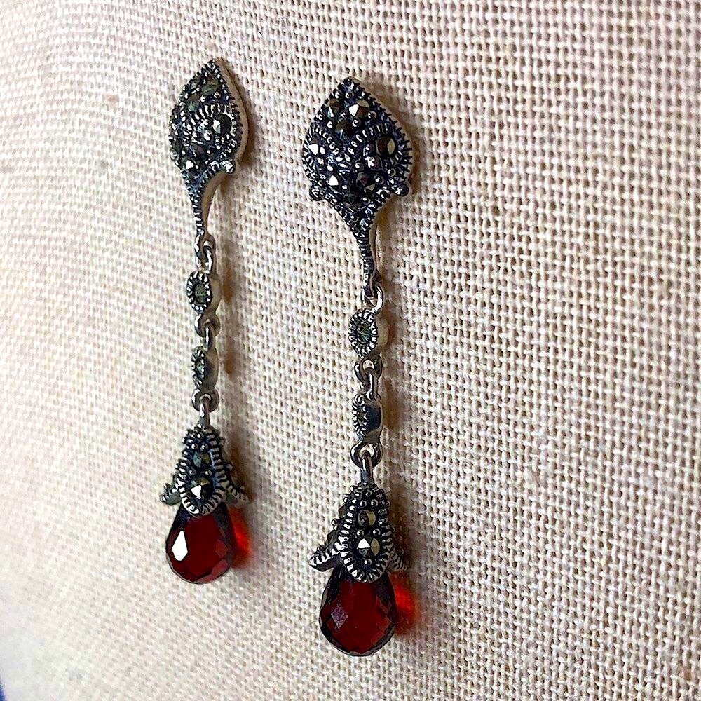 Vintage Red Garnet and Marcasite Long Drop Dangle Sterling Silver Earrings